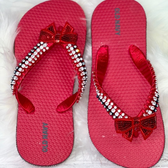 Childrens Old Navy| Red White Blue Crystal Flip Flops/Sandals Sz 12/13| Memorial - Picture 14 of 16